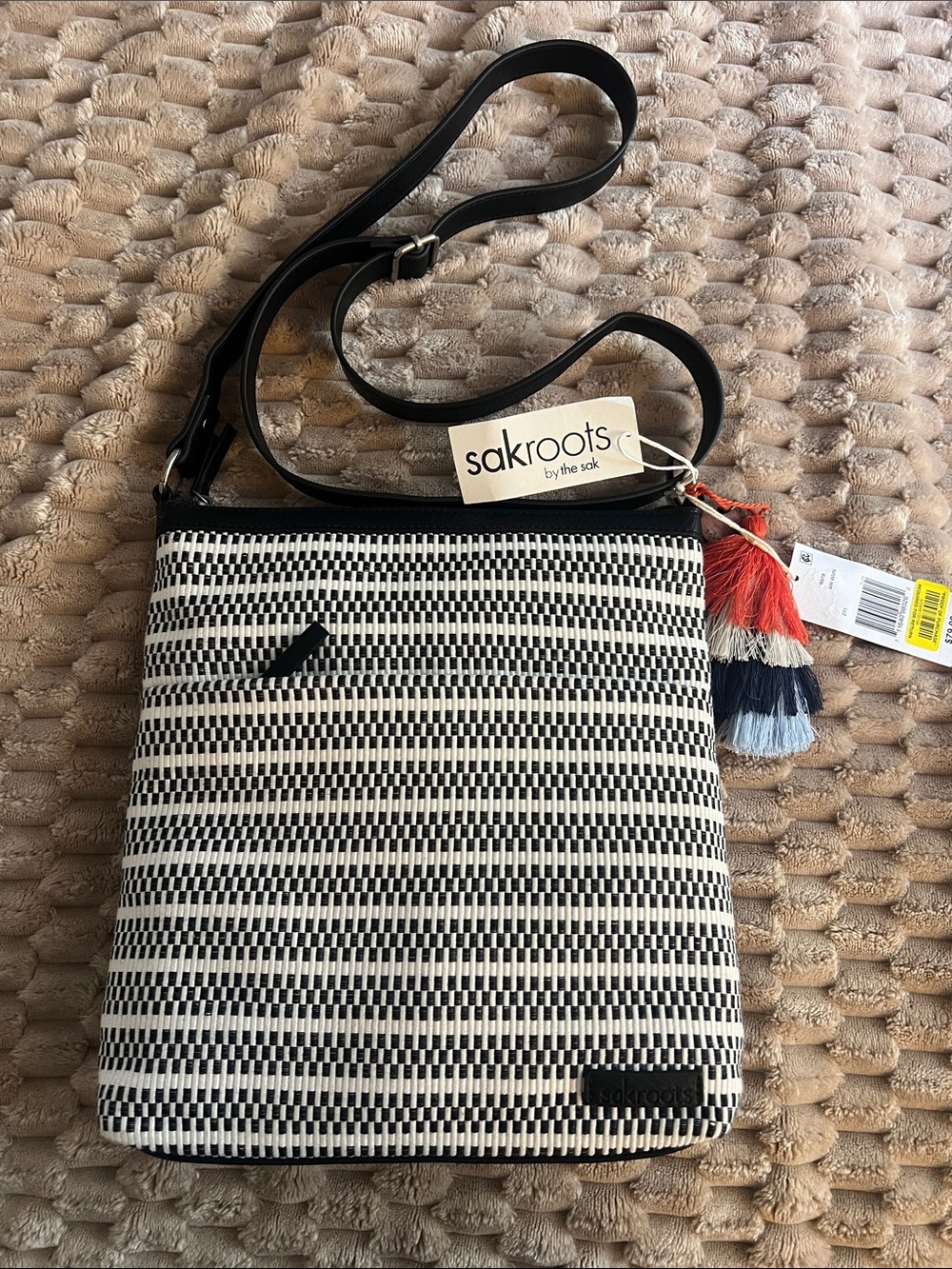 Sakroots Black & White Woven Crossbody with Red, Navy & Light Blue Tassel